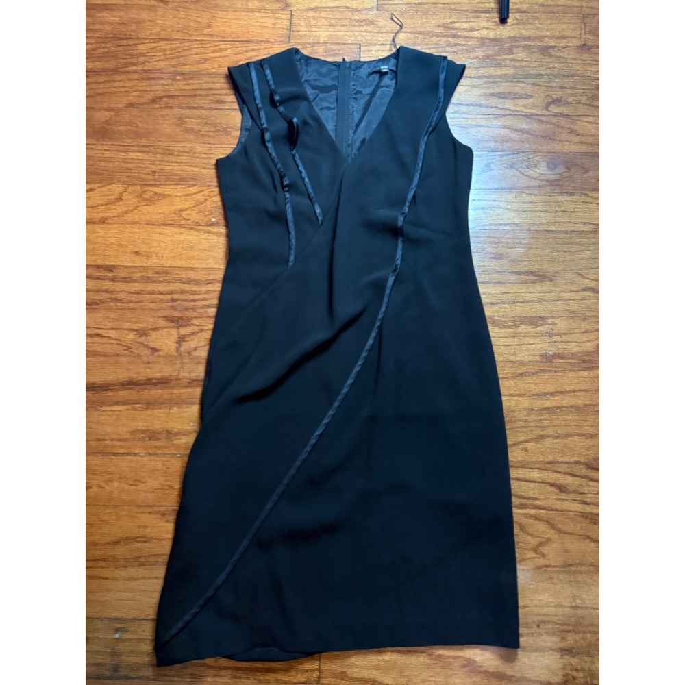 BOSS Hugo Boss Womens Black Sleeveless Faux Wrap Sheath Dress Satin Trim Sz 8